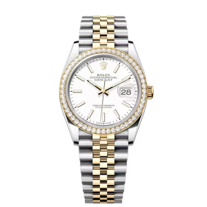 Đồng Hồ Rolex Oyster Perpetual Datejust 36mm 126283RBR Mặt Số Màu Trắng Viền Kim Cương Dây Đeo Jubilee Vàng Vàng