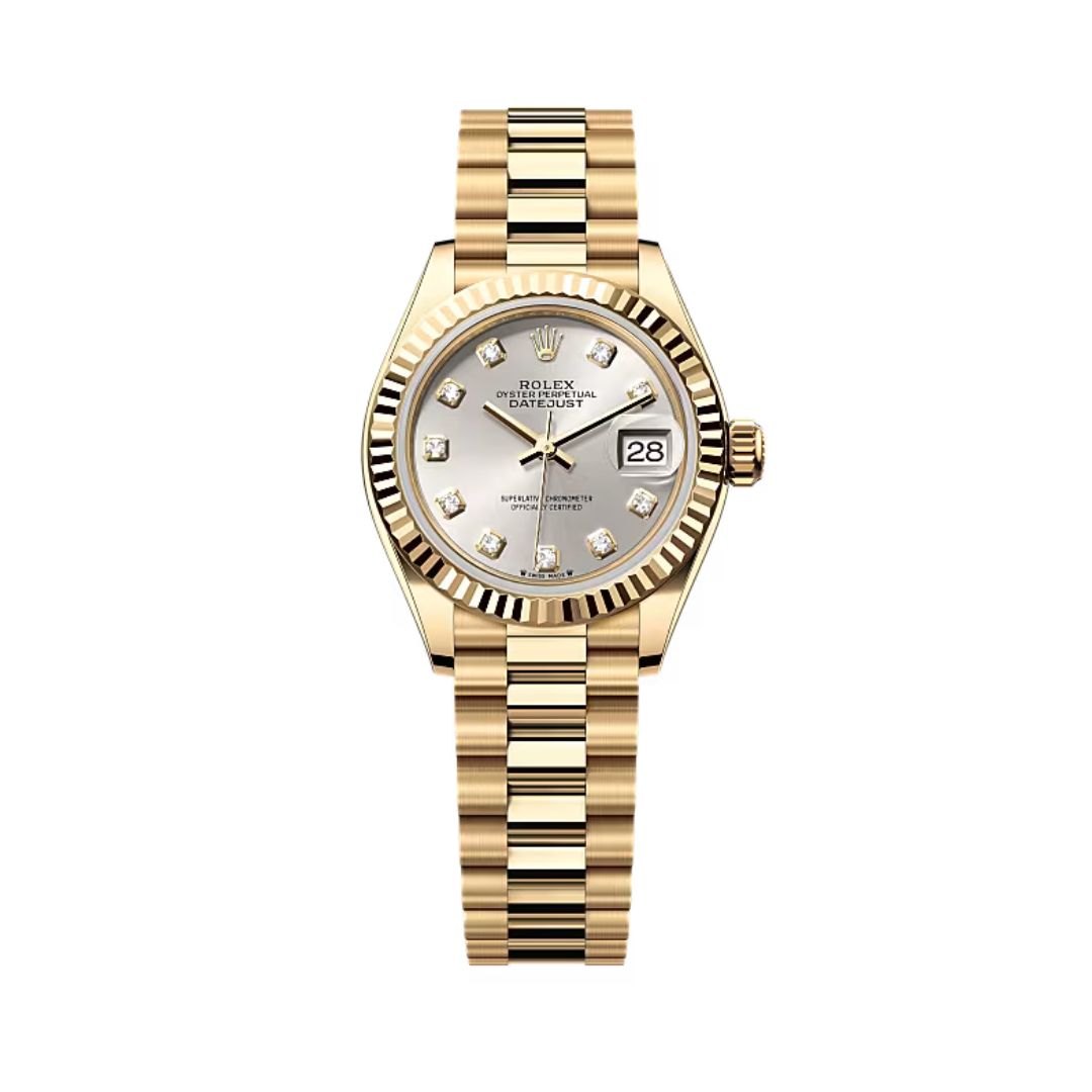 Đồng Hồ Rolex Lady Datejust 28mm 279178-0015 Mặt Số Silver Cọc Kim Cương Dây Đeo President Vàng Vàng
