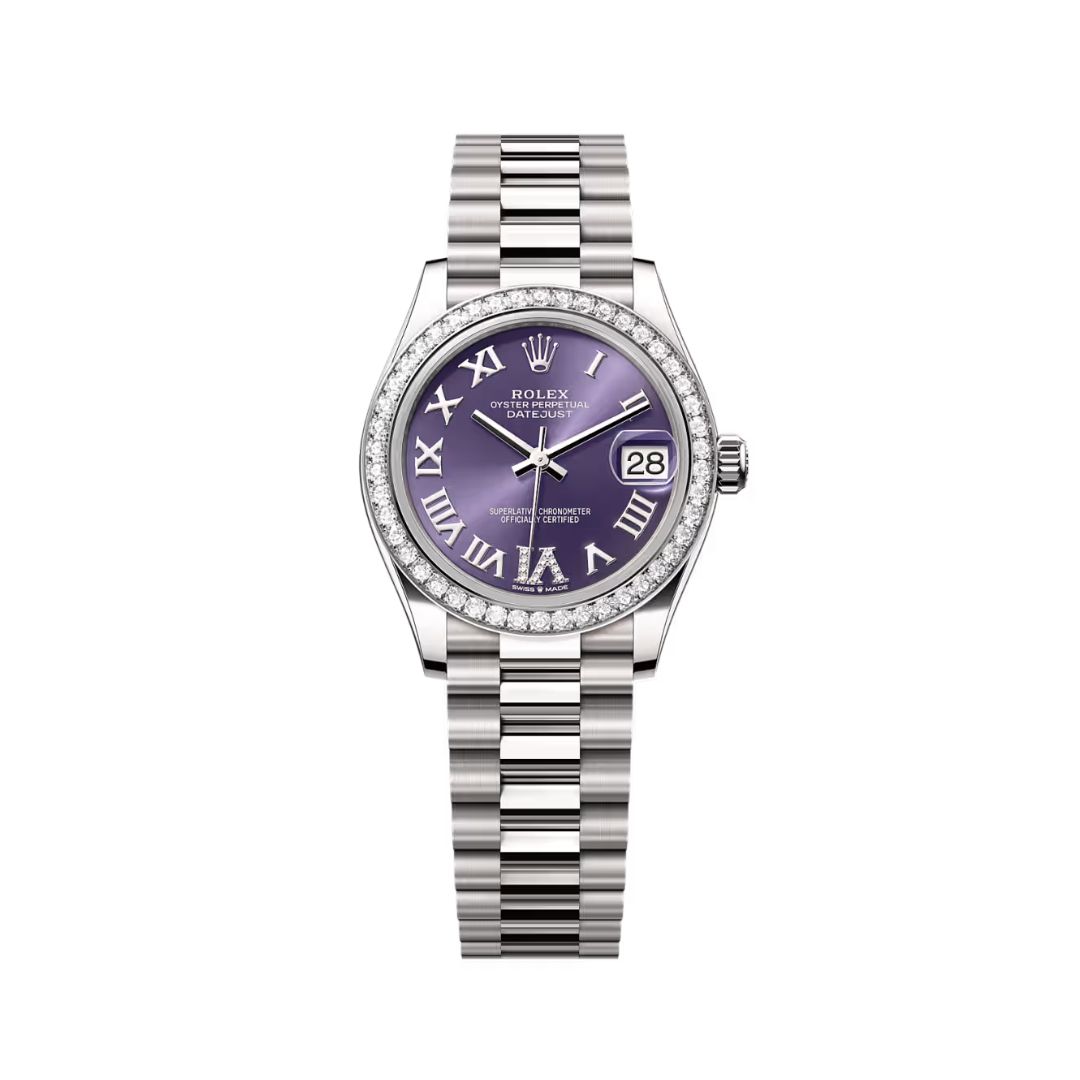 Đồng Hồ Rolex Datejust 31mm 278289RBR-0019 Mặt Số Tím Aubergine Cọc Số La Mã Dây Đeo President Vàng Trắng
