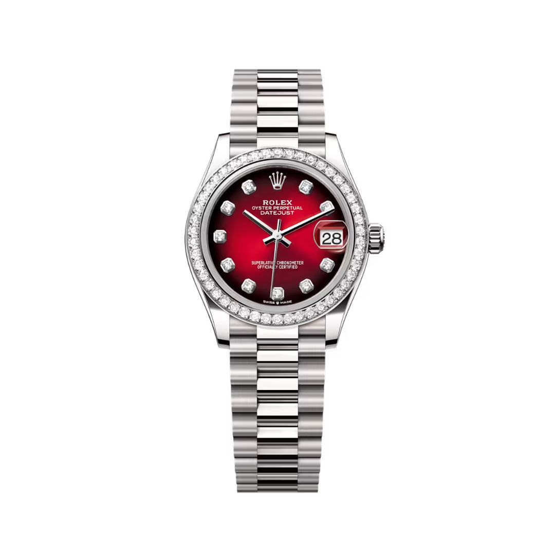 Đồng Hồ Rolex Datejust 31mm 278289RBR-0028 Mặt Số Ombre Đỏ Nạm Kim Cương Dây Đeo President Vàng Trắng