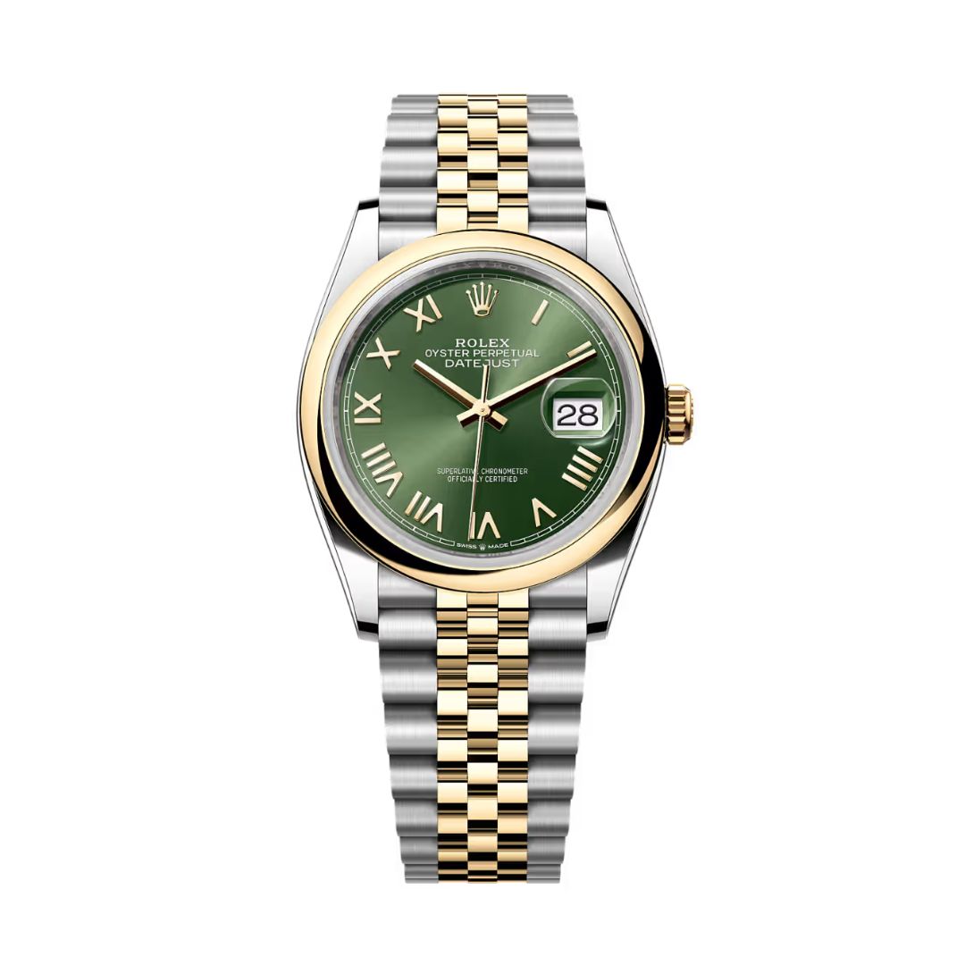 Đồng Hồ Rolex Datejust 36mm 126203-0053 Mặt Số Xanh Olive Cọc Số La Mã Dây Đeo Jubilee Vàng Vàng