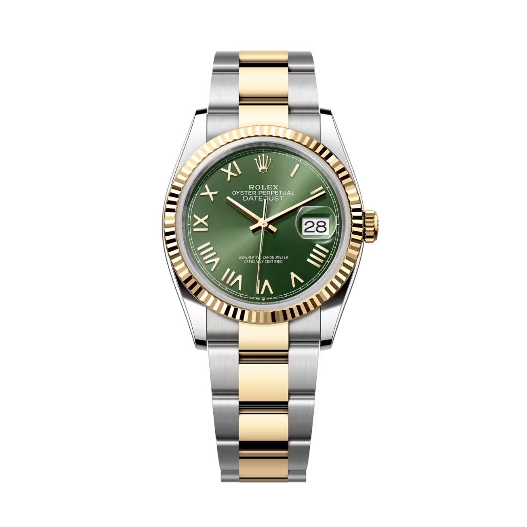 Đồng Hồ Rolex Datejust 36mm 126233-0054 Mặt Số Xanh Olive Cọc La Mã Dây Đeo Oyster Vàng Vàng