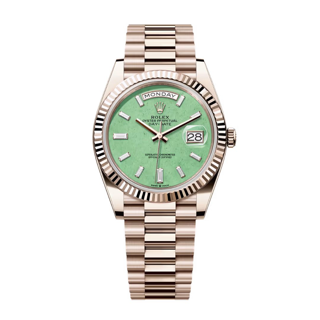 Đồng Hồ Rolex Day-Date 40mm M228235JG-0003 Mặt Số Xanh Lục Aventurine Nạm Kim Cương Dây Đeo President Vàng Hồng
