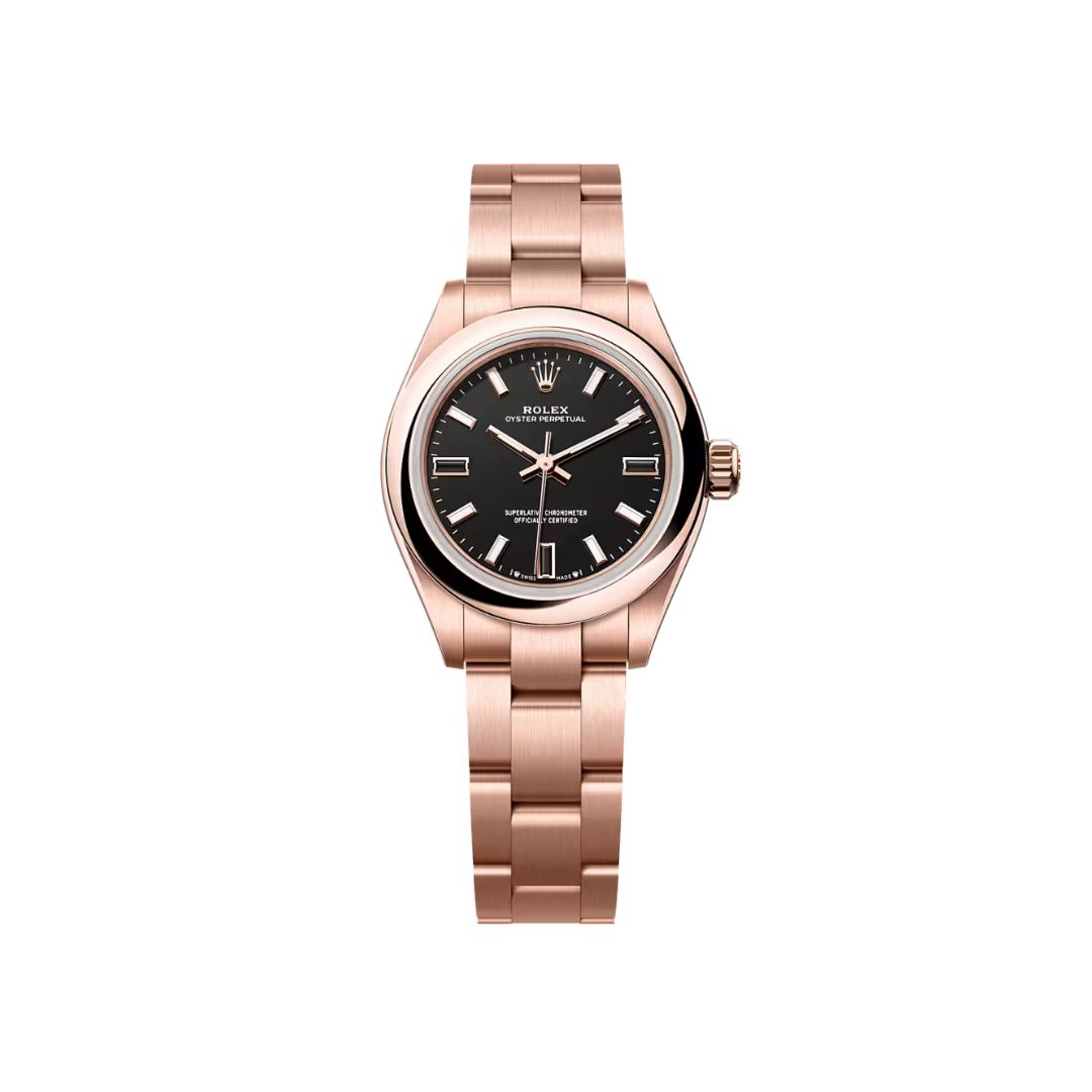 Đồng hồ Rolex Oyster Perpetual 28mm M276205-0001 Mặt Số Đen Cọc Số Đá Tự Nhiên Dây Đeo Oyster Vàng Hồng