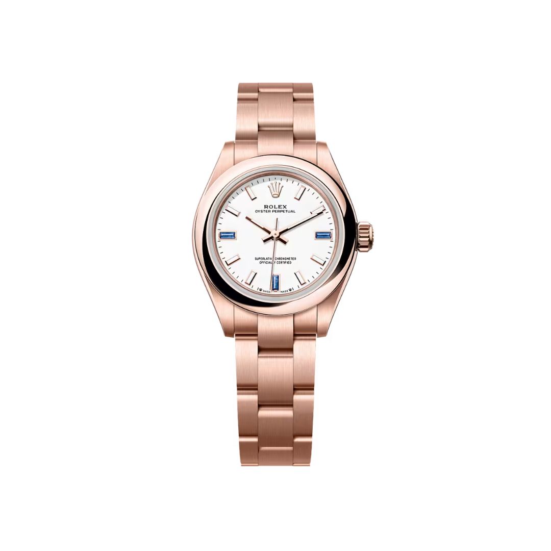 Đồng hồ Rolex Oyster Perpetual 28mm M276205-0002 Mặt Số Trắng Cọc Số Đá Tự Nhiên Dây Đeo Oyster Vàng Hồng