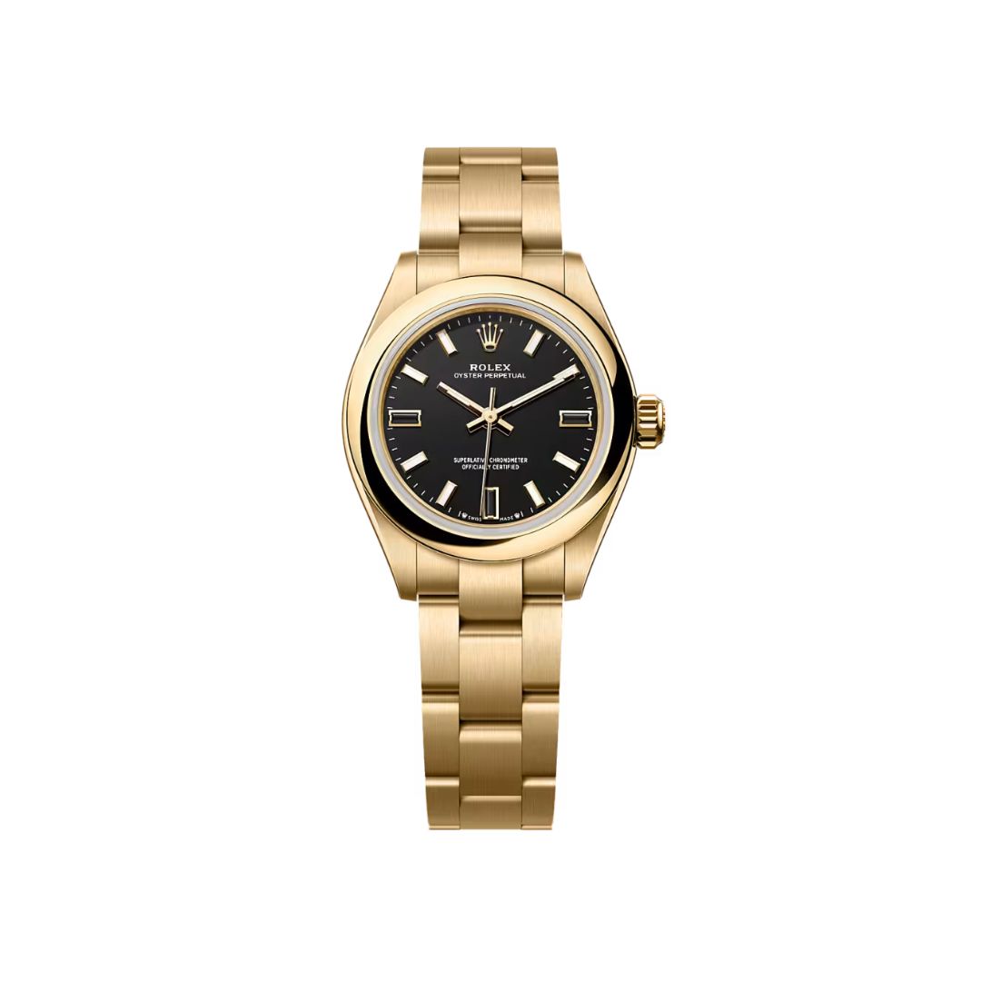 Đồng hồ Rolex Oyster Perpetual 28mm M276208-0001 Mặt Số Đen Cọc Số Đá Tự Nhiên Dây Đeo Oyster Vàng Vàng