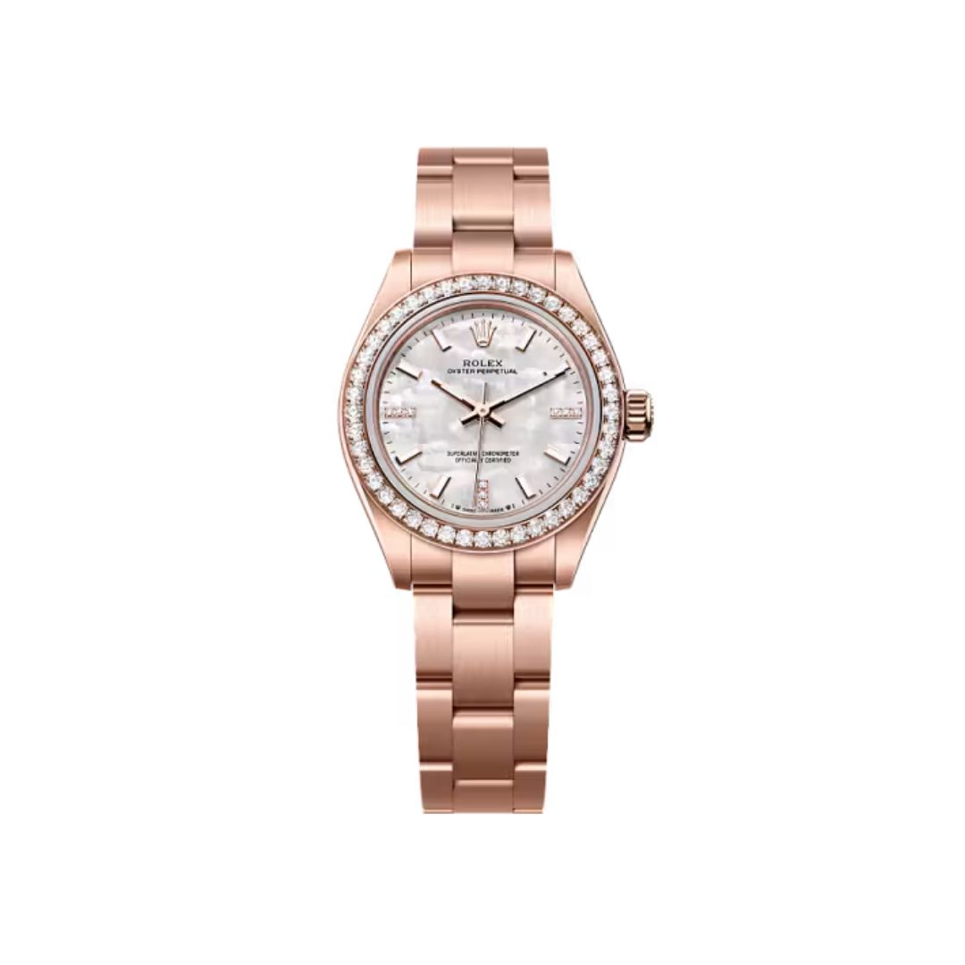Đồng hồ Rolex Oyster Perpetual 28mm M276245RBR-0001 Mặt Số Khảm Trai Trắng Nạm Kim Cương Dây Đeo Oyster Vàng Hồng