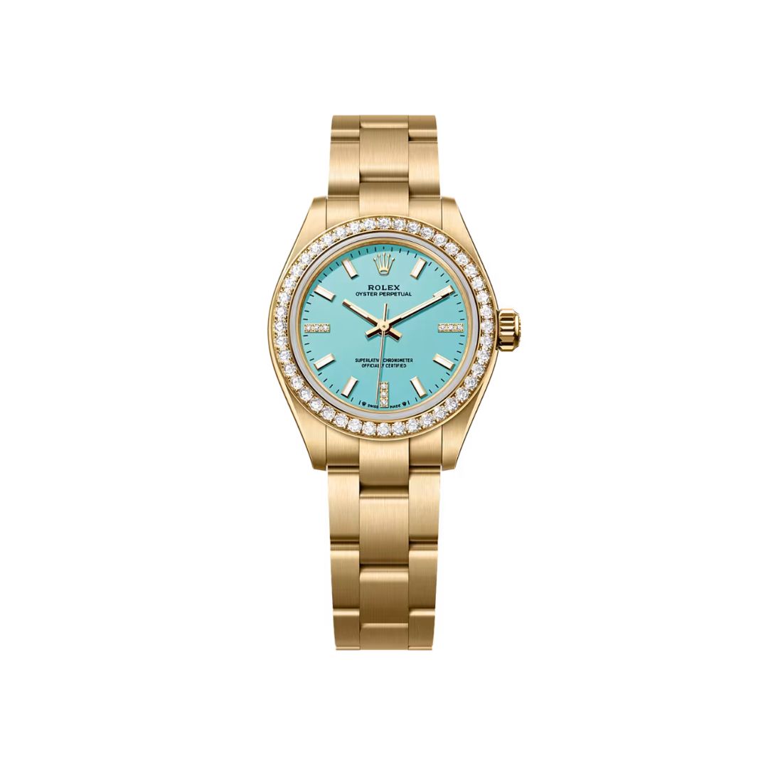 Đồng hồ Rolex Oyster Perpetual 28mm M276248RBR-0001 Mặt Số Xanh Ngọc Lam Tiffany Nạm Kim Cương Dây Đeo Oyster Vàng Vàng