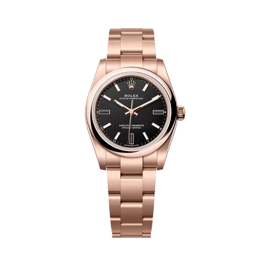 Đồng hồ Rolex Oyster Perpetual 34mm M124205-0001 Mặt Số Đen Cọc Số Đá Tự Nhiên Dây Đeo Oyster Vàng Hồng