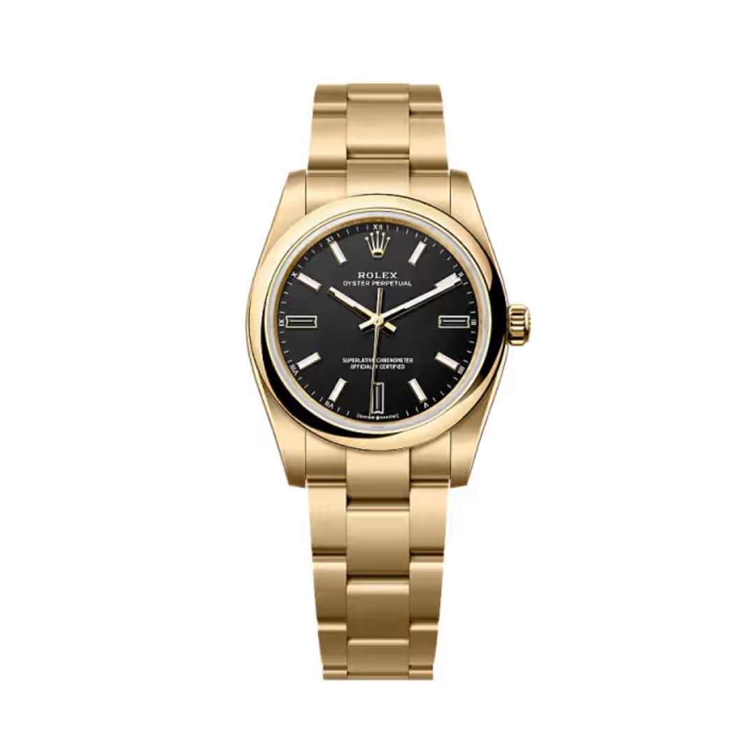 Đồng hồ Rolex Oyster Perpetual 34mm M124208-0001 Mặt Số Đen Cọc Số Đá Tự Nhiên Dây Đeo Oyster Vàng Vàng