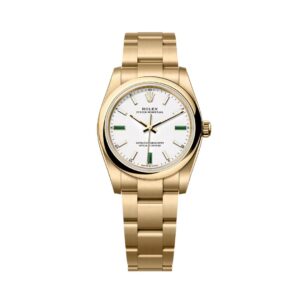 Đồng hồ Rolex Oyster Perpetual 34mm M124208-0002 Mặt Số Trắng Cọc Số Đá Tự Nhiên Dây Đeo Oyster Vàng Vàng