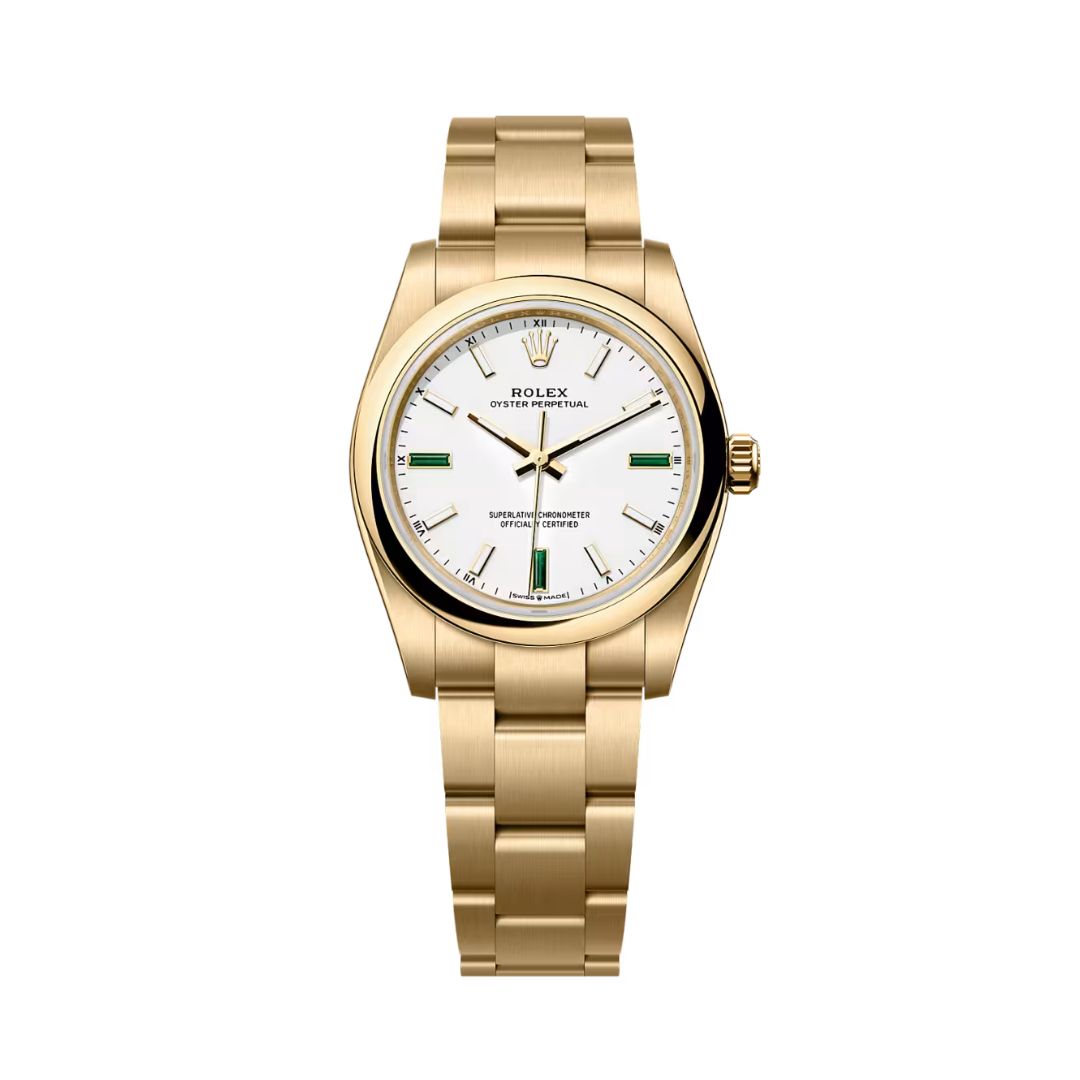 Đồng hồ Rolex Oyster Perpetual 34mm M124208-0002 Mặt Số Trắng Cọc Số Đá Tự Nhiên Dây Đeo Oyster Vàng Vàng