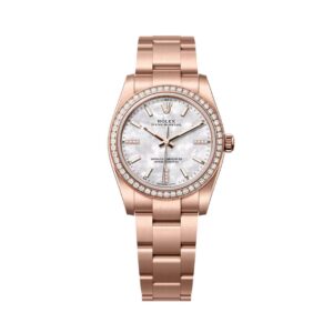 Đồng hồ Rolex Oyster Perpetual 34mm M124245RBR-0002 Mặt Số Khảm Trai Trắng Nạm Kim Cương Dây Đeo Oyster Vàng Hồng