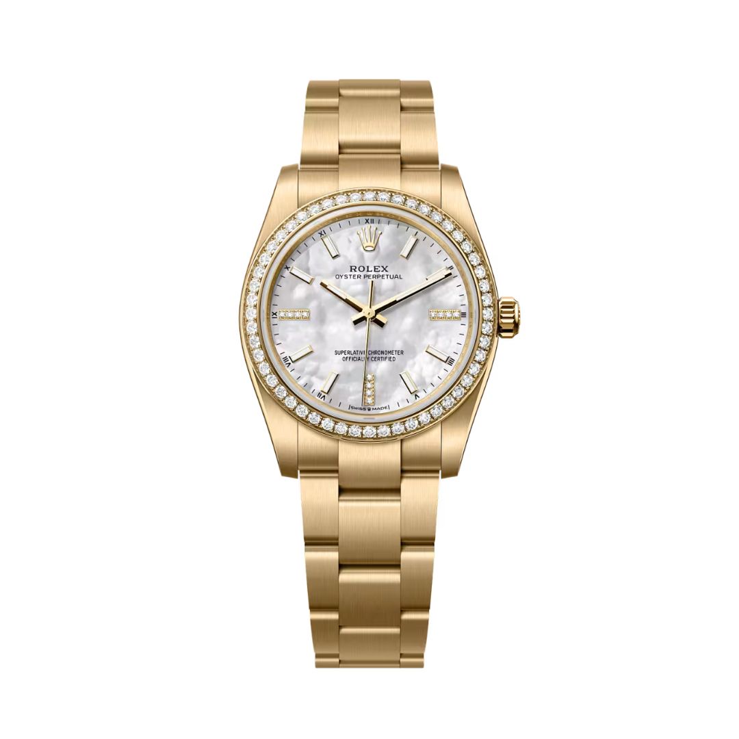Đồng hồ Rolex Oyster Perpetual 34mm M124248RBR-0001 Mặt Số Khảm Trai Trắng Nạm Kim Cương Dây Đeo Oyster Vàng Vàng