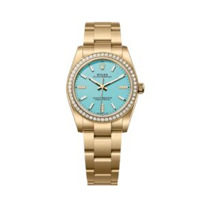 Đồng hồ Rolex Oyster Perpetual 34mm M124248RBR-0002 Mặt Số Xanh Ngọc Lam Tiffany Nạm Kim Cương Dây Đeo Oyster Vàng Vàng