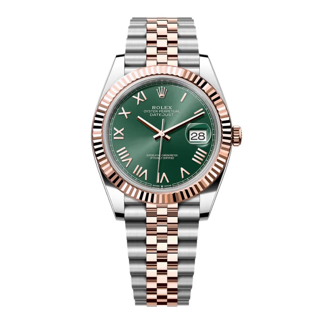 Đồng Hồ Rolex Datejust 41mm M126331-0022 Mặt Số Xanh Bạc Hà Cọc Số La Mã Dây Đeo Jubilee Vàng Hồng